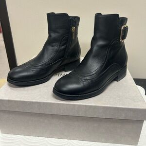 Jimmy Choo Brylee Flat Black Leather Ankle Boots with Gold Buckle